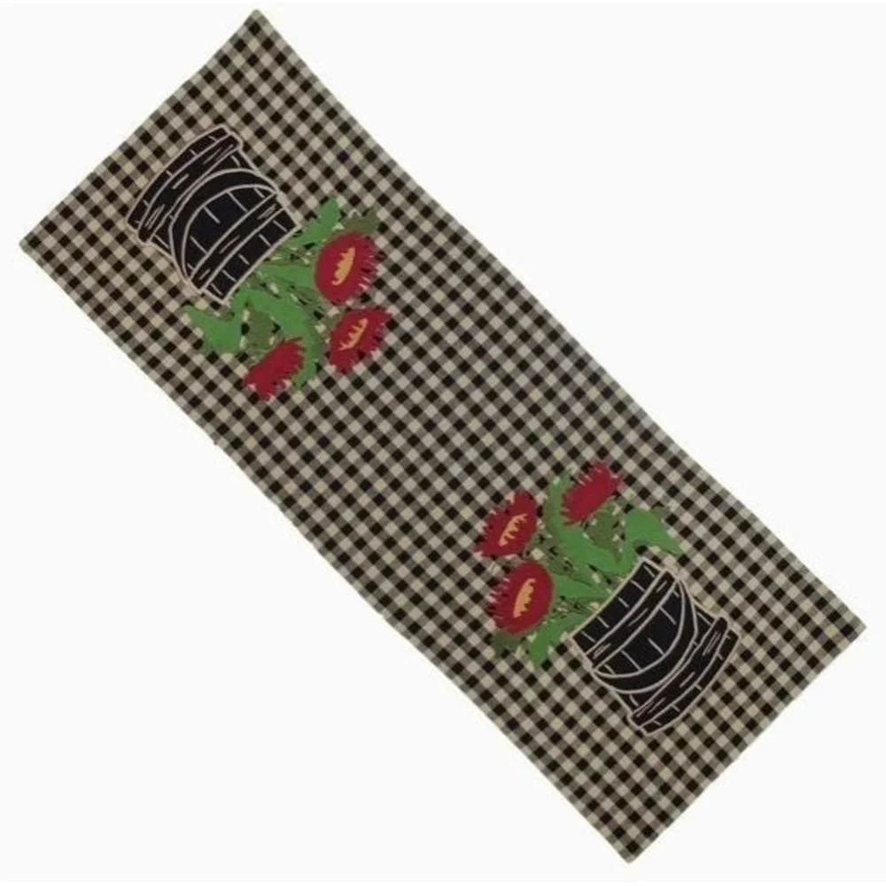 Primitive Flowers in Firkin Table Runner Black Plaid‎ Red Flowers 14
